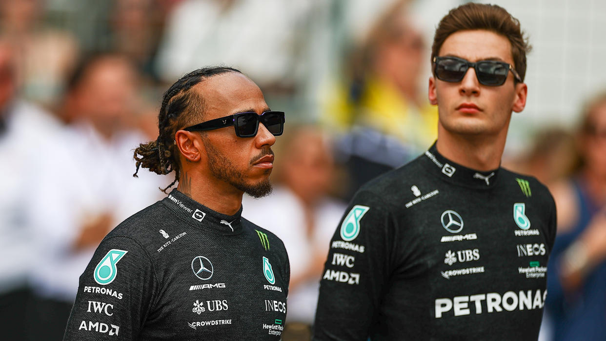 The battle between Mercedes drivers Lewis Hamilton, left, and George Russell is one to watch this weekend at the Miami GP. (Photo by Qian Jun/Xinhua via Getty Images)