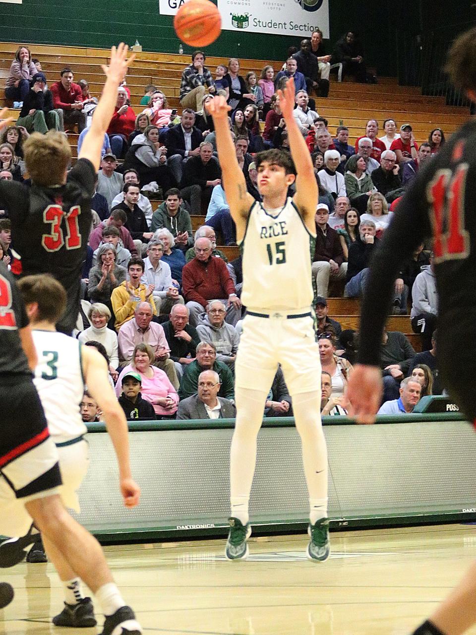 Drew Bessette of Rice shoots a jump shot during the Green Knights 66-44 win over Rutland in the 2024 D1 semifinals at UVM's Patrick Gym.