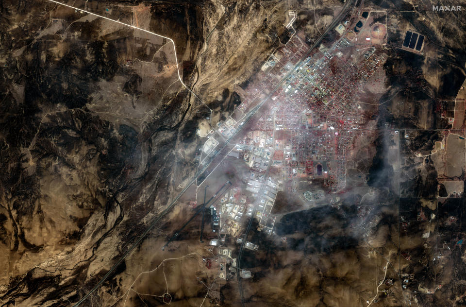 A satellite image taken on Feb. 28, 2024, shows overviews of the extent to which towns have been impacted by the fire. / Credit: Satellite image ©2024 Maxar Technologies