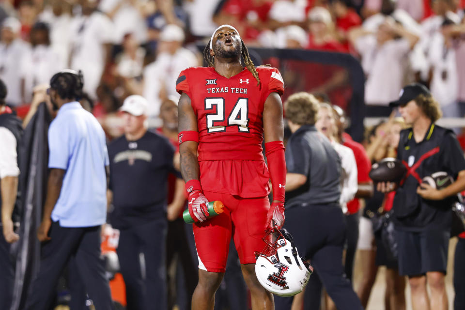 Texas Tech defensive back Malik Dunlap (24) reacts to an overturned call against Oregon during the second half of an NCAA college football game, Saturday, Sept. 9, 2023, in Lubbock, Texas. (AP Photo/Chase Seabolt)