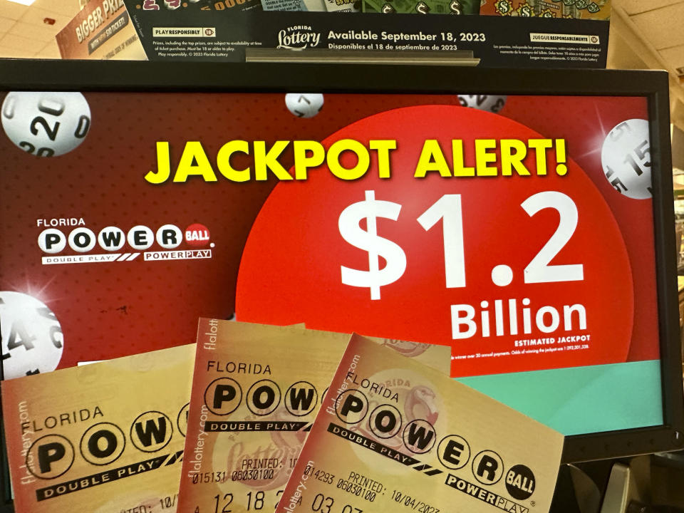 Powerball lottery tickets are shown, Wednesday, Oct. 4, 2023, in Surfside, Fla. A $1.2 billion Powerball jackpot will again be up for grabs Wednesday night after an 11-week stretch without a big winner, but no matter how large the prize grows the odds stay the same — and they're terrible. (AP Photo/Wilfredo Lee)