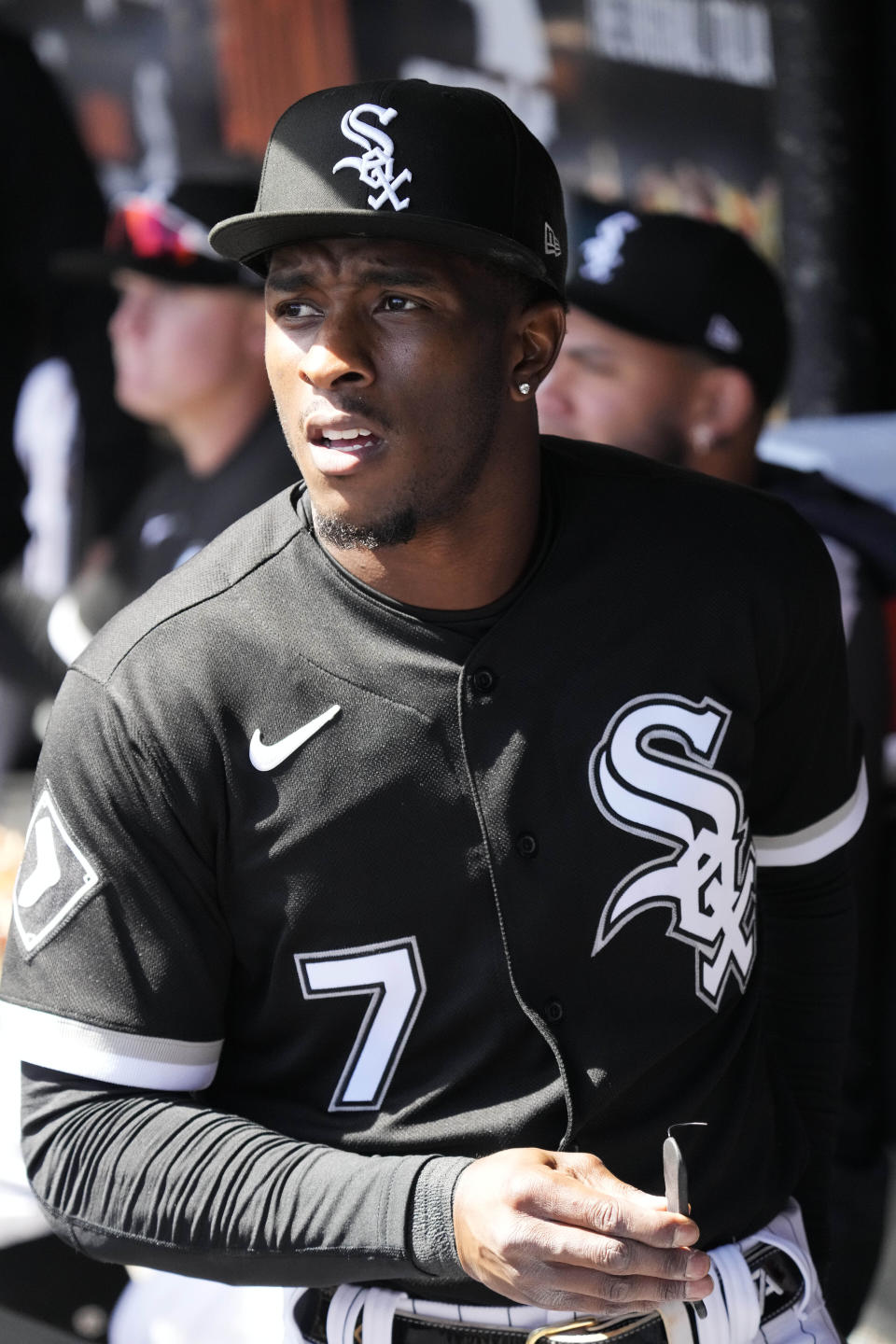 Chicago White Sox's Tim Anderson looks to the field before a baseball game against the San Francisco Giants in Chicago, Thursday, April 6, 2023. (AP Photo/Nam Y. Huh)