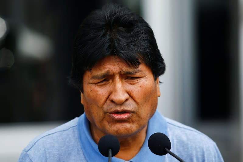 Bolivia's ousted President Evo Morales speaks during his arrival to take asylum in Mexico