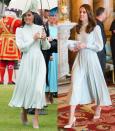 <p>For her second spin at hosting one of the Queen's annual garden parties at Buckingham Palace on May 25, 2022, the then-Duchess of Cambridge chose the custom soft green frock that she wore to the 50th Anniversary of Prince Charles' Investiture in 2019.</p>