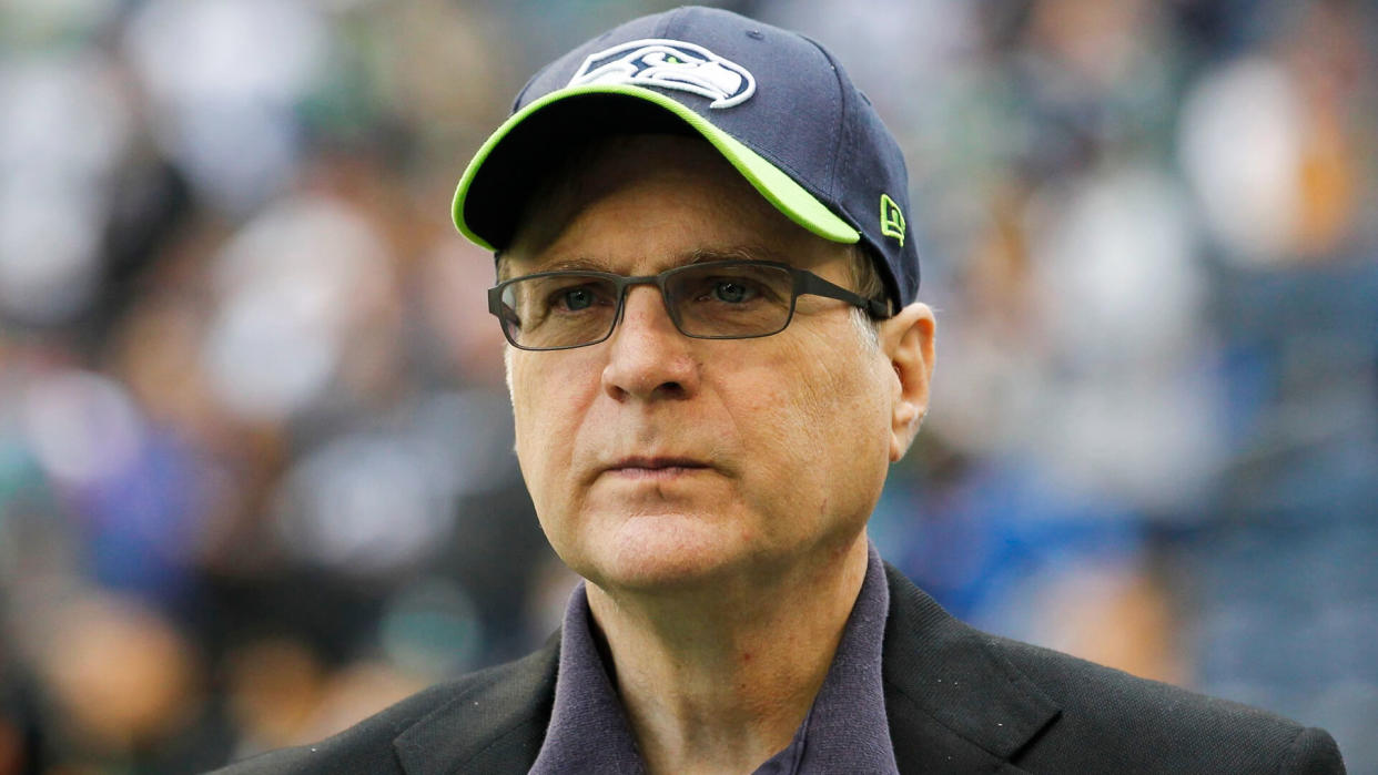 Mandatory Credit: Photo by Elaine Thompson/AP/REX/Shutterstock (6022611ab)Paul Allen Seattle Seahawks owner Paul Allen is shown on the field prior to an NFL football game against the New England Patriots, in SeattlePatriots Seahawks Football, Seattle, USA.