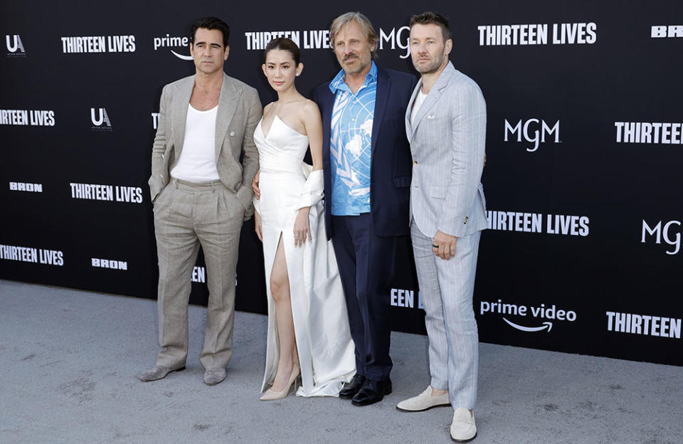 (L-R) Colin Farrell, Pattakorn "Ploy" Tangsupakul, Viggo Mortensen, and Joel Edgerton attends the premiere of Prime Video's "Thirteen Lives" at Westwood Village Theater on July 28, 2022 in Los Angeles, California.