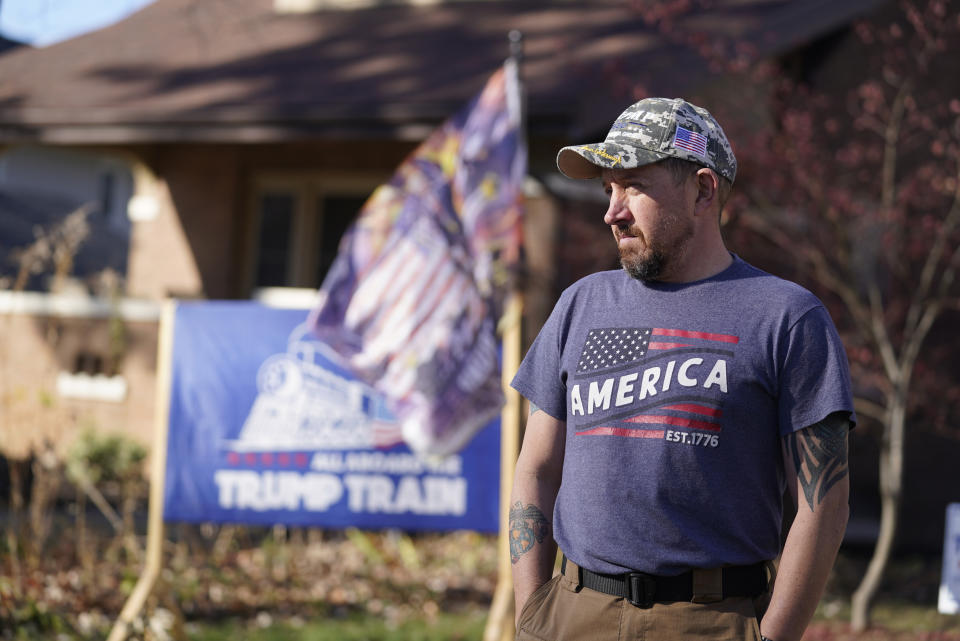 Craig Rudisel, a supporter of President Donald Trump, speaks about Vigo County voting, Wednesday, Nov. 11, 2020, in Terre Haute, Ind. Rudisel supports Trump's position on guns, abortion and taxes. (AP Photo/Darron Cummings)