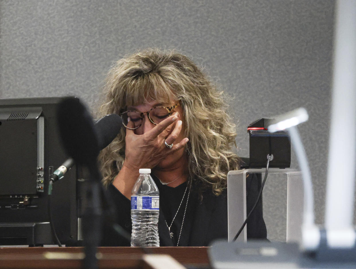 District Judge Mary Kay Holthus becomes emotional as she testifies against Deobra Redden during Redden's trial at the Regional Justice Center in Las Vegas, Thursday, Sept. 5, 2024. (Rachel Aston/Las Vegas Review-Journal via AP)