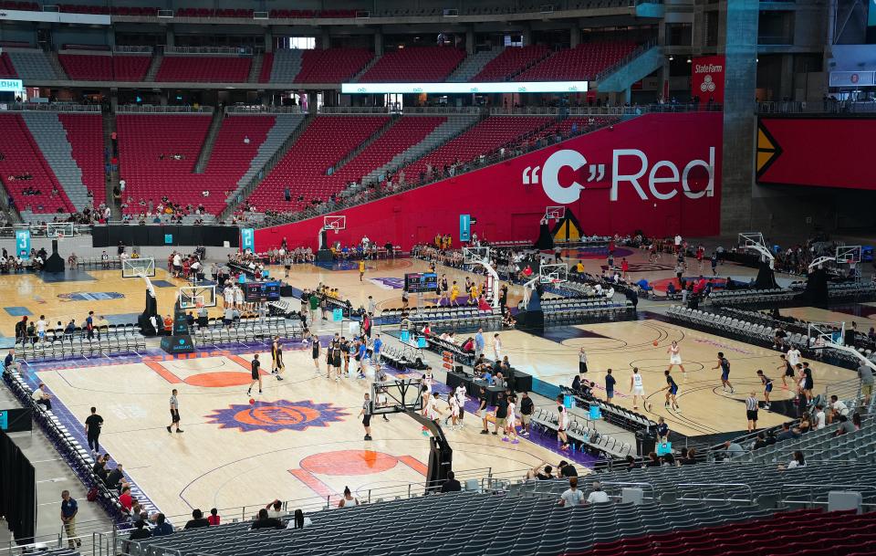 June 16, 2022; Glendale, Arizona; USA; The Fiesta Bowl Section 7 basketball tournament takes place on the field at State Farm Stadium. Mandatory Credit: Patrick Breen-Arizona Republic