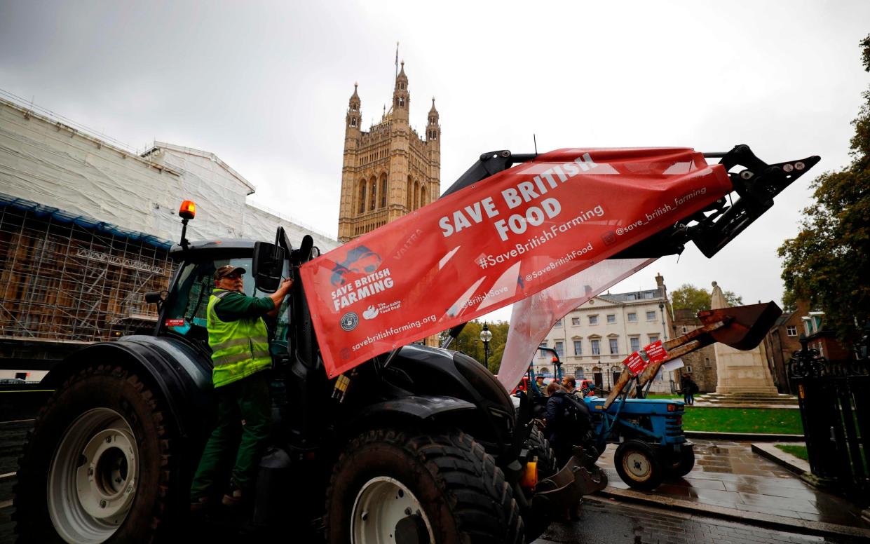 Farmers in tractors protest over food and farming standards on the day the Agricultural Bill returns to the House of Commons - AFP/Tolga Akmen