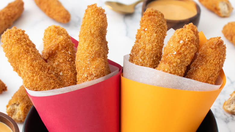 closeup chicken fries in cones