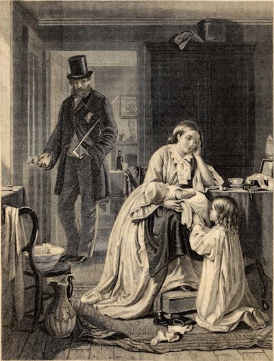 A black and white drawing of a woman seated at a table, with children at her feet, as a man in formal clothing and a top hat steps in the door.