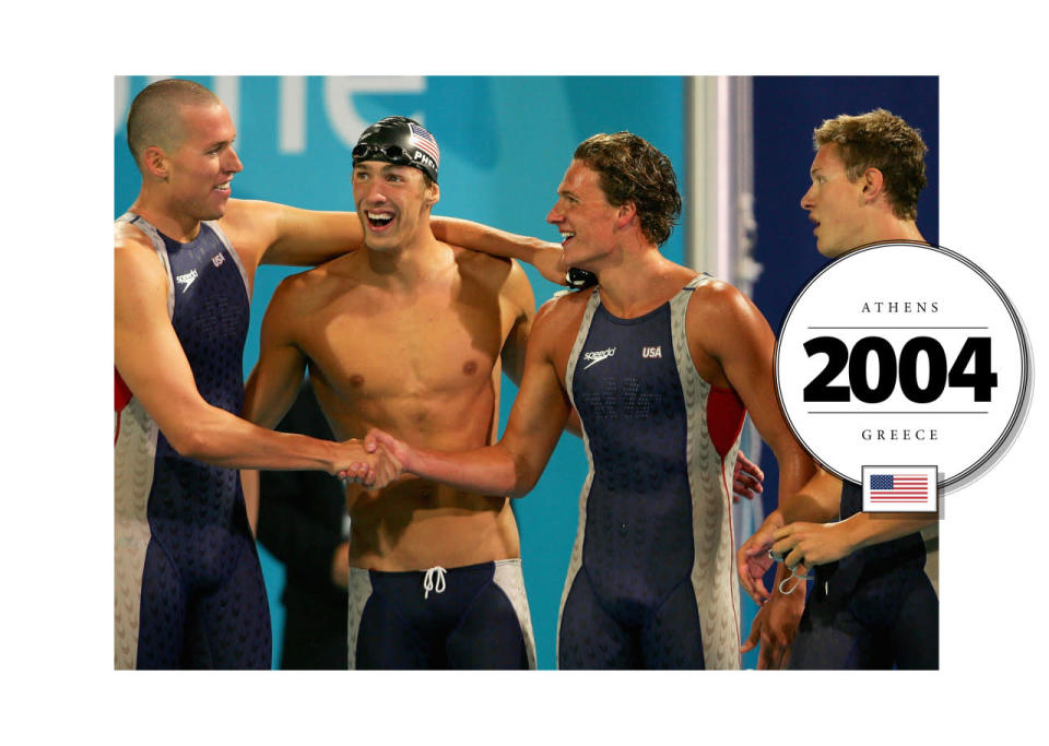 But in 2004, swimmers, like the men’s U.S. team here, were still wearing them. The V-shaped ridges on the side, called “dermal denticles,” help propel swimmers through the water faster.