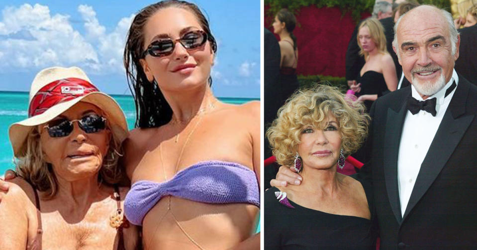 L: Micheline Roquebrune and Saskia Connery pose on a boat, wearing sunglasses and bikinis. R: Micheline Roquebrune and Sean Connery on the red carpet.