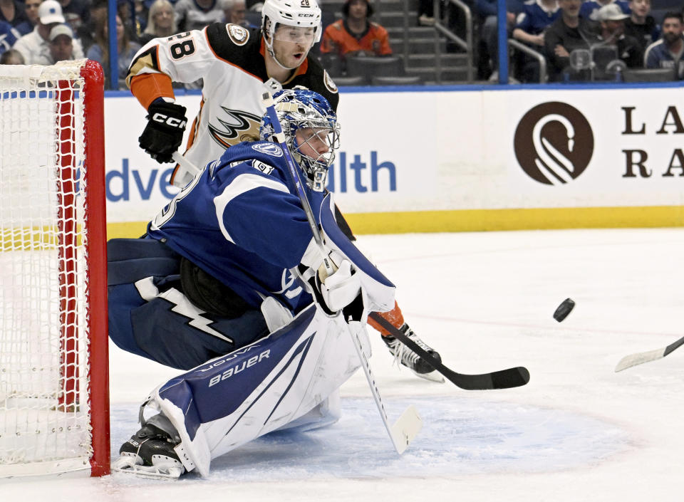 Tampa Bay Lightning goaltender Andrei Vasilevskiy (88) makes a save during the first period of the team's NHL hockey game against the Anaheim Ducks on Tuesday, Feb. 21, 2023, in Tampa, Fla. (AP Photo/Jason Behnken)