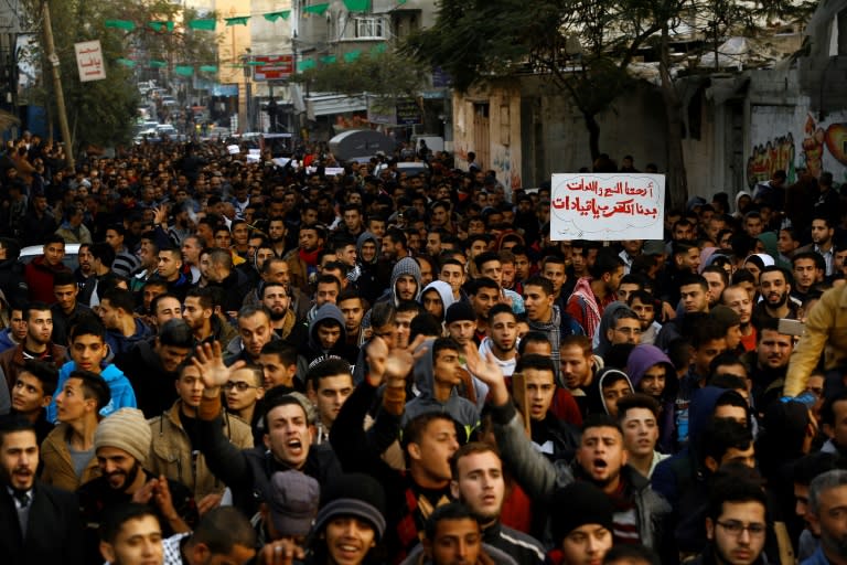 Palestinians protest against the ongoing electricity crisis in Jabalia refugee camp in the northern Gaza Strip on January 12, 2017