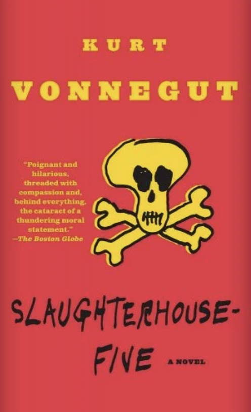 Book cover of "Slaughterhouse-Five" by Kurt Vonnegut with a skull and crossbones emblem