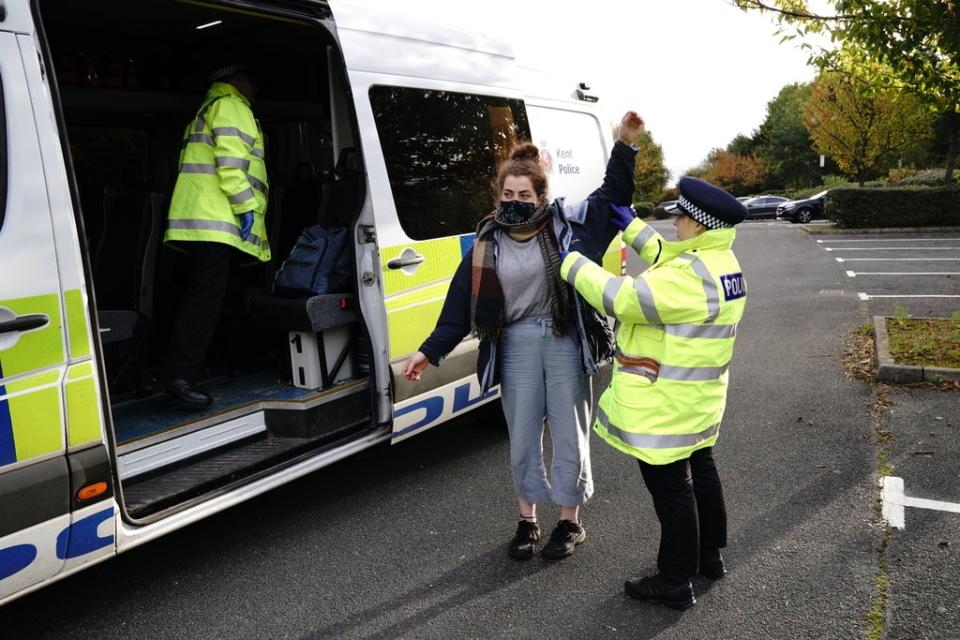 Protesters are arrested by police in the car park of the DoubleTree by Hilton Hotel Dartford Bridge (Jonathan Brady/PA) (PA Wire)