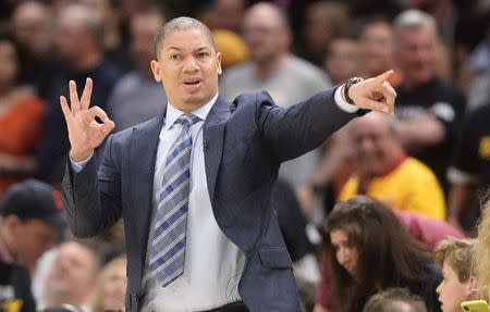 May 5, 2018; Cleveland, OH, USA; Cleveland Cavaliers head coach Tyronn Lue during the second half against the Toronto Raptors in game three of the second round of the 2018 NBA Playoffs at Quicken Loans Arena. Mandatory Credit: Ken Blaze-USA TODAY Sports