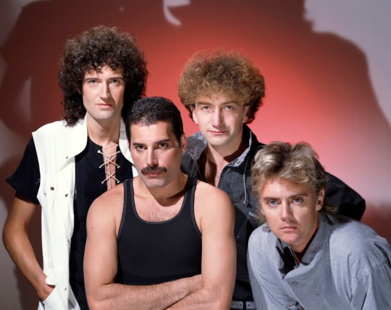 Foto de los integrantes de Queen, Brian May, Roger Taylor, Freddie Mercury y John Deacon