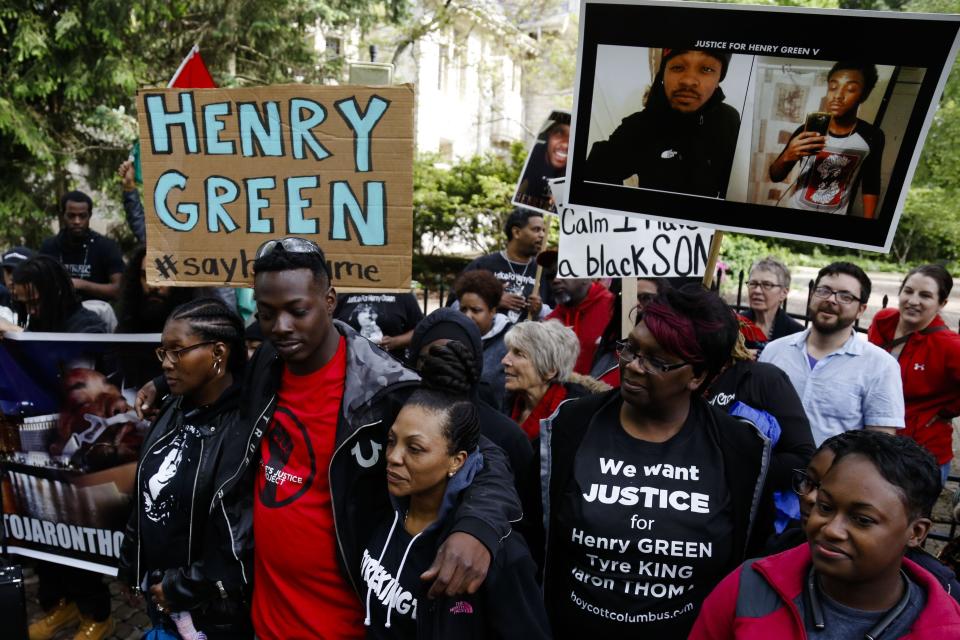 From left, Adrienne Hood, Geno Turner, both family members of Henry Green, and Nia Malika King, the mother of Tyre King, rally outside the Governor's mansion during the March for Justice on Saturday, May 6, 2017 in Bexley, Ohio. About 400 people from across the state gathered at Franklin Park to demonstrate for racial justice, advocate for good-paying jobs, criminal justice reform, investment in schools and public services and accountability from the justice system and elected officials. [Joshua A. Bickel/Dispatch]