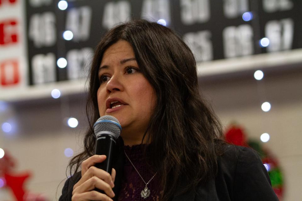 District 2 City Council candidate Veronica Carbajal speaks to local voters at the Memorial Senior Center on Nov. 28, 2023