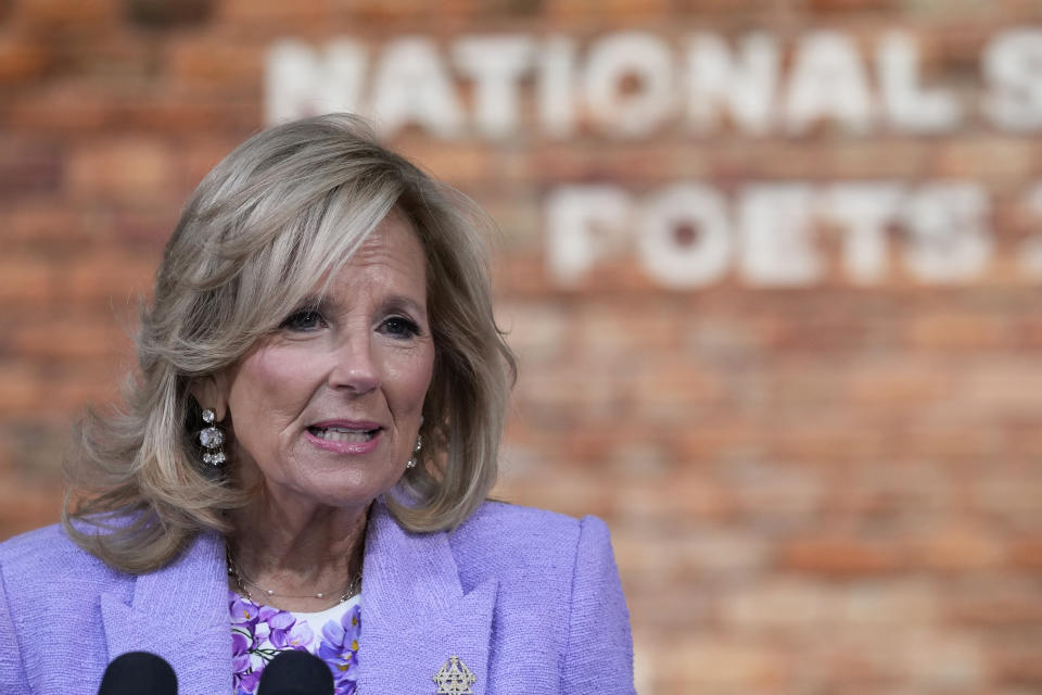 First lady Jill Biden speaks as she hosts an event to celebrate National Student Poets in the South Court Auditorium on the White House complex in Washington, Monday, Nov. 13, 2023. (AP Photo/Susan Walsh)