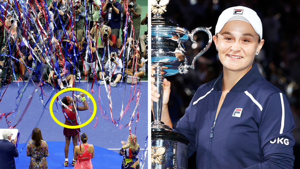 Coco Gauff celebrates her US Open win and Ash Barty holds the trophy.