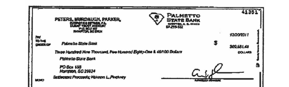 A Dec. 20, 2011 check for $309,581.46 from settlement proceeds meant for a disabled Hampton man was made out to Palmetto State Bank and cashed at the bank as well, according to attorney Justin Bamberg. It never reached the man’s family. Bamberg says the man’s conservator and personal representative, the bank’s CEO, should be held accountable for the missing funds.