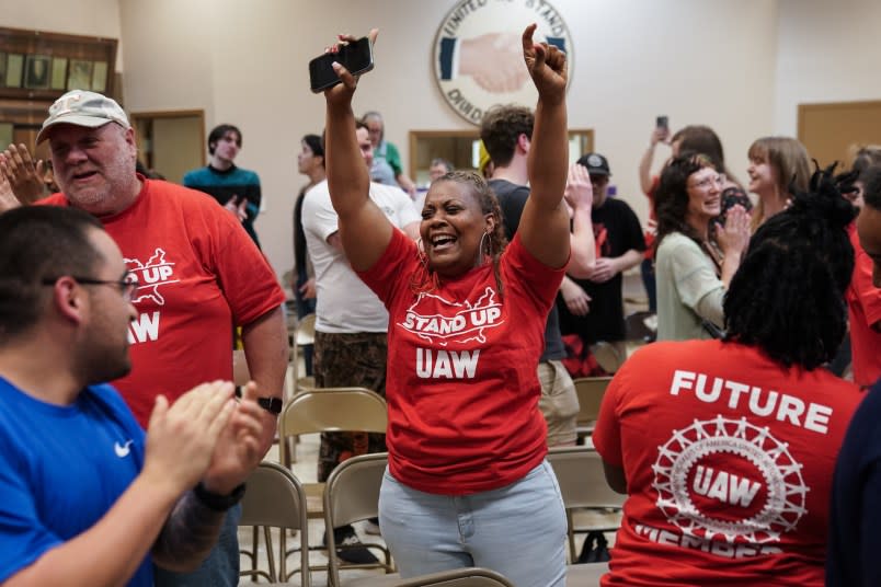 CHATTANOOGA, TENNESSEE – APRIL 19: People celebrate after the United Auto Workers (UAW) received enough votes to form a union at a UAW vote watch party on April 19, 2024 in Chattanooga, Tennessee. Since Wednesday workers have been voting on whether to join the United Auto Workers (UAW) union. (Photo by Elijah Nouvelage/Getty Images)