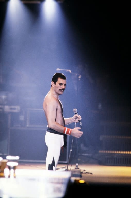 Freddie Mercury during a Queen concert in Paris in 1984