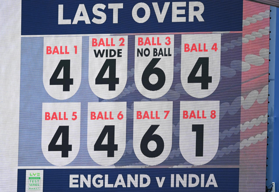 The scoreboard, pictured here showing the over bowled by Stuart Broad that went for a record 35 runs.