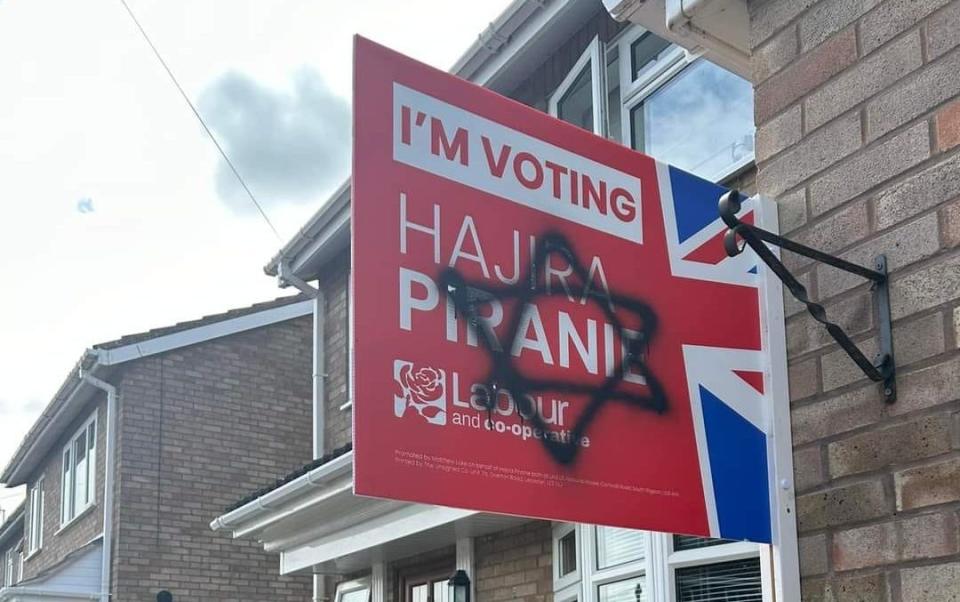 In the Harborough, Oadby & Wigston constituency in Leicestershire, workers' signs were defaced with graffiti depicting the Star of David