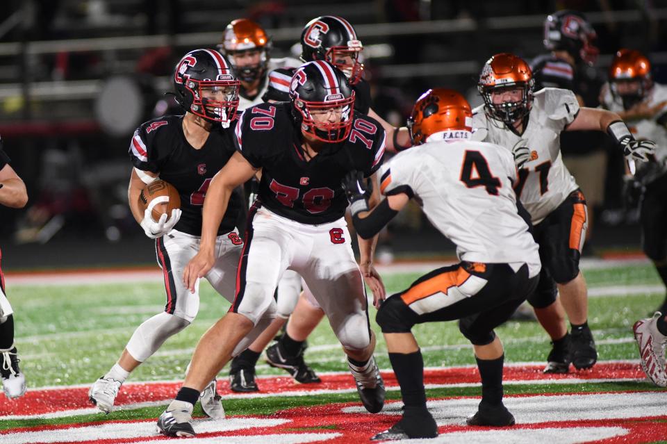 Crestview's Caleb Cunningham (70) was named the Firelands Conference Defensive Lineman of the Year for the 2023 season.