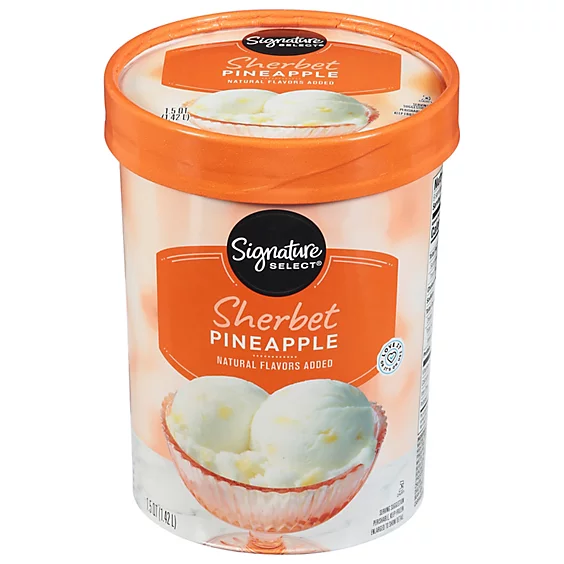 Container of Signature Select Sherbet Pineapple with an image of two scoops in a bowl on the label; text on container: "Sherbet Pineapple, Natural Flavors Added"