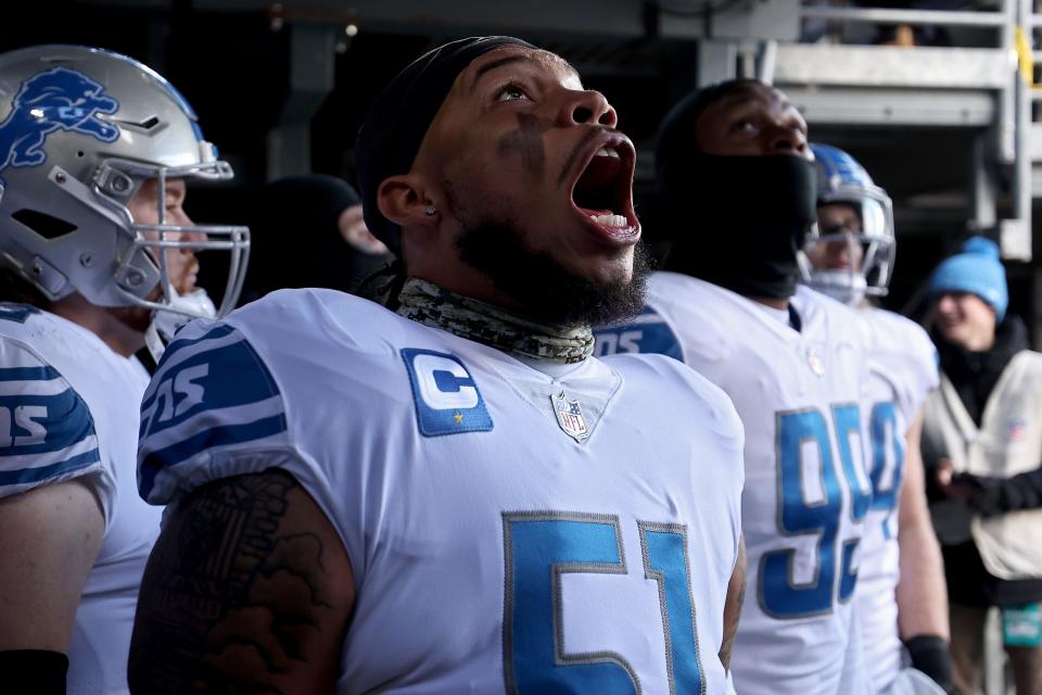 EAST RUTHERFORD, NEW JERSEY - NOVEMBER 20: Josh Woods #51 of the Detroit Lions reacts prior to a game against the New York Giants at MetLife Stadium on November 20, 2022 in East Rutherford, New Jersey. (Photo by Dustin Satloff/Getty Images)