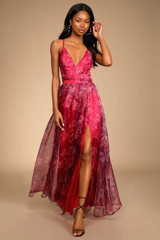 Romance That Wows Magenta Floral Print Organza Maxi Dress. (Image via Lulus)