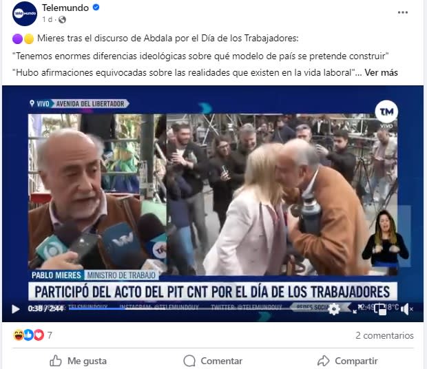 <span>Captura de pantalla de una publicación de Telemundo en Facebook hecha el 2 de mayo de 2024 </span>