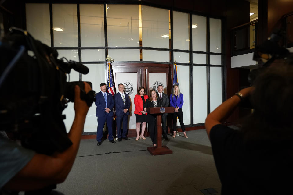 Pennsylvania Attorney General Michelle Henry speaks during a news conference, Friday, July 7, 2023, in Philadelphia. A Pennsylvania grand jury investigating child sexual abuse in the Jehovah's Witnesses community has charged another five people with raping or molesting children as young as 4, the latest developments in an ongoing probe that has identified 14 suspects. (AP Photo/Matt Slocum)