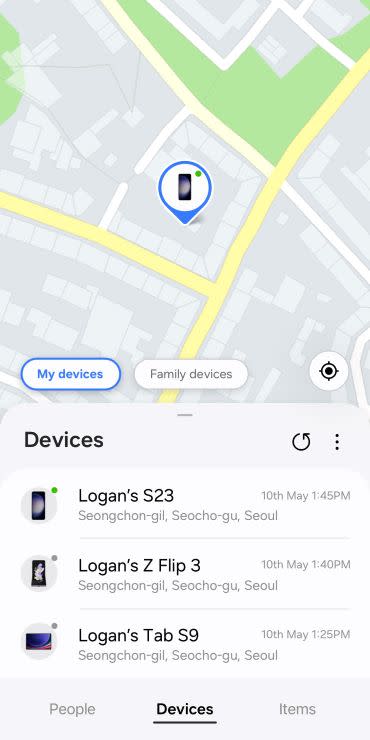 Samsung Find app devices tab