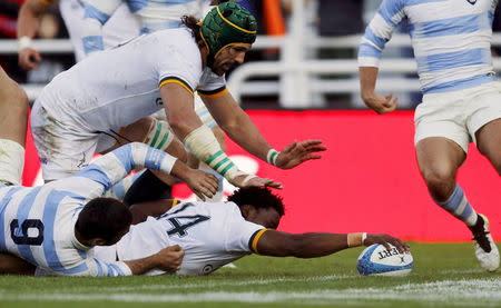 South Africa's Lwazi Mvovo (14) scores a try under pressure from Argentina's Martin Landajo (9) and next to teammate Victor Matfield during their rugby union test match in Buenos Aires August 15, 2015. REUTERS/Marcos Brindicci