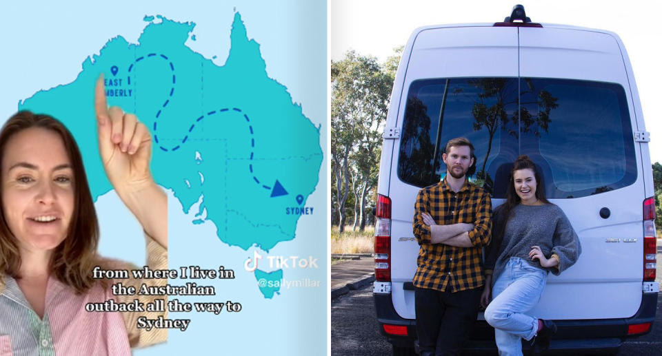 A photo of Sally Shaw pointing to the long journey she made by car on a map. Another photo of Sally and Ed Shaw in front of their campervan.