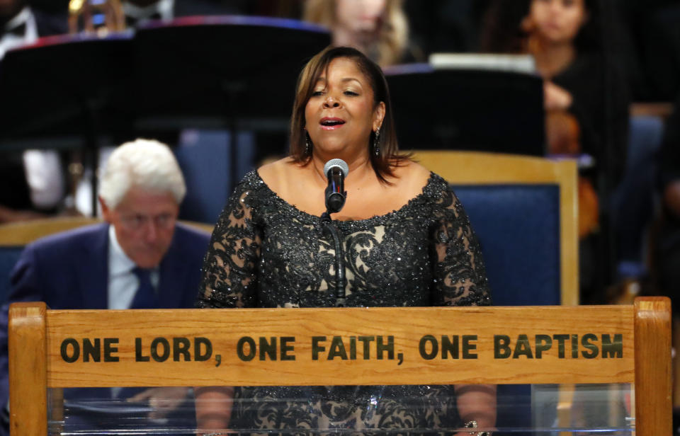 Alice McAllister Tillman performs "Ave Maria" during the funeral service for Aretha Franklin at Greater Grace Temple, Friday, Aug. 31, 2018, in Detroit. Franklin died Aug. 16, 2018 of pancreatic cancer at the age of 76. (AP Photo/Paul Sancya)