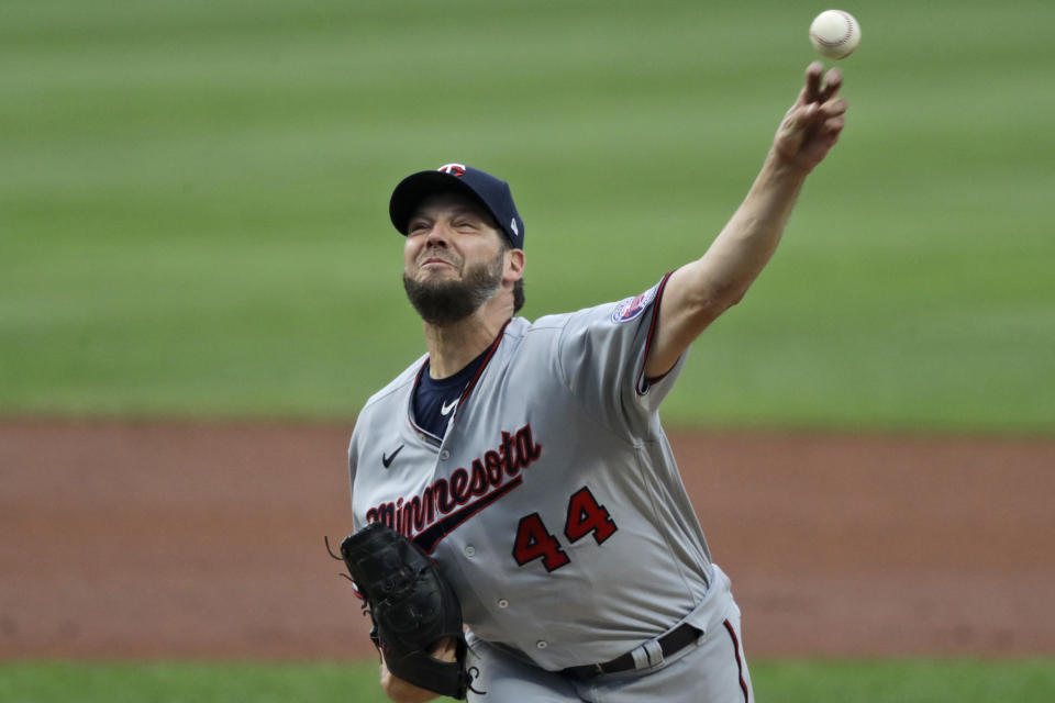 Minnesota Twins starting pitcher Rich Hill delivers in the first inning in a baseball game against the Cleveland Indians, Tuesday, Aug. 25, 2020, in Cleveland. (AP Photo/Tony Dejak)