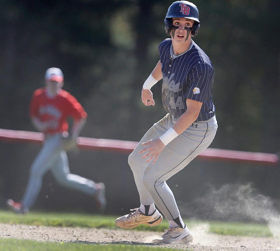 Eagle Matt Nardone comes up at second after a steal.

Silver Lake Regional hosted Plymouth North in baseball action on Monday May 13, 2024