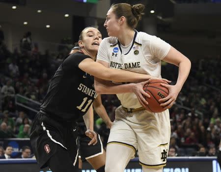 Apr 1, 2019; Chicago, IL, USA; Stanford Cardinal forward Alanna Smith (11) and Notre Dame Fighting Irish forward Jessica Shepard (32) go for the ball during the first half in the championship game of the Chicago regional in the women's 2019 NCAA Tournament at Wintrust Arena. Mandatory Credit: David Banks-USA TODAY Sports