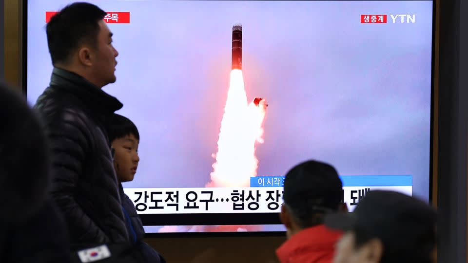 A television news programme in Seoul, South Korea, shows footage of a North Korean missile test on January 1, 2020. - Jung Yeon-je/AFP/Getty Images/File