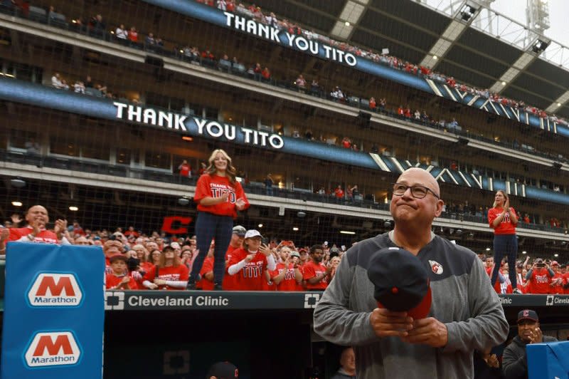 Cleveland Guardians manager Terry Francona looks up at the crowd during a tribute in his honor prior to a game against the Cincinnati Reds on Wednesday at Progressive Field in Cleveland. Photo by Aaron Josefczyk/UPI