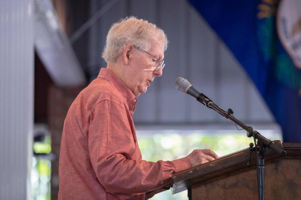Senate Minority Leader Mitch McConnell (R-Ky.) speaks during the annual St. Jerome Fancy Farm Picnic in Fancy Farm, Ky., on Saturday, Aug. 5, 2023.