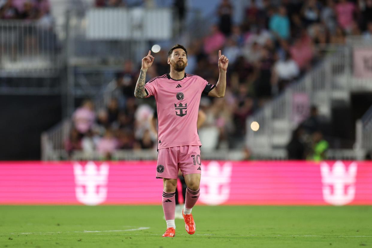 Inter Miami CF forward Lionel Messi (10) celebrates after a goal in the first half against Nashville SC.